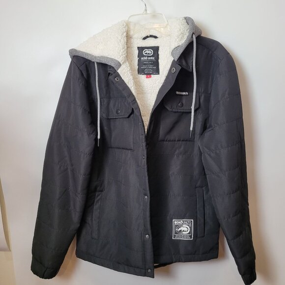 Ecko Unlimited Hooded Puffer Jacket With Faux Sherpa Lining Snap Buttons Gray - Picture 7 of 11